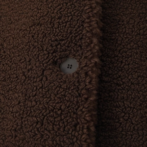 Deep brown long sherpa fleece coat with lapel collar and single-breasted button detail