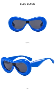Front and side view of Y2K style blue chunky bubble sunglasses with dark lenses