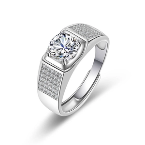Detailed close-up of a men's silver ring featuring a large round zircon and pavé setting