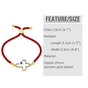 Size chart for red braided bracelet with colorful zircon cross and evil eye pendant