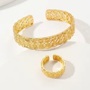 Gold-plated filigree wheat leaf bangle and ring set with hollow geometric design