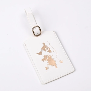 White PU leather luggage tag with gold foil world map and adjustable metal buckle