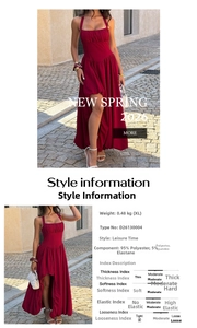 Detail of burgundy halter neck maxi dress fabric showing material composition and split