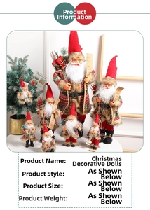 Detailed view of handmade Santa Claus dolls with festive gift bags and rustic plaid fabrics
