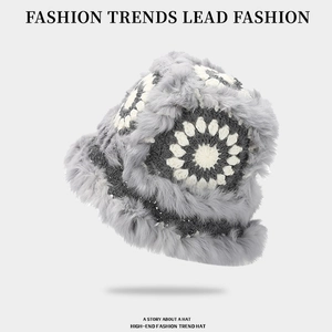 Women's warm winter lion-style faux fur hat with knit flower patterns in gray and white