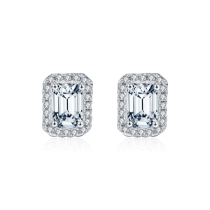 Classic halo emerald-cut moissanite stud earrings in S925 sterling silver with round accents