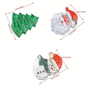 Christmas hair clips featuring Santa Claus, snowman and tree with size measurements