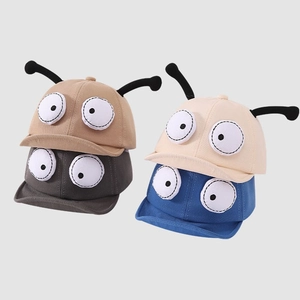 Cute baby soft brim hats with cartoon antennas and big eyes in khaki gray beige and blue