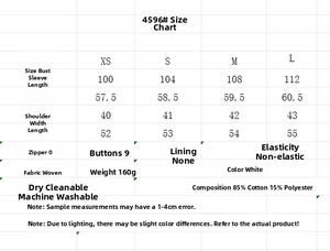 Size chart for women's white hollow embroidered short shirt with detailed measurements