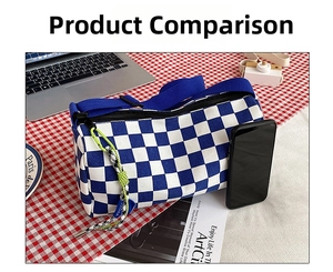 Detail shot of a blue and white checkered Boston bag with adjustable canvas strap next to a phone