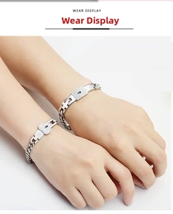 Detail showing 7mm stainless steel couple bracelets with heart and square locks