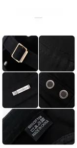 Detailed views of 100% cotton flat top hat featuring metal buckle and breathable vents