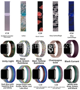 Detail view of colorful Milanese loop bands for Apple Watch in various printed patterns