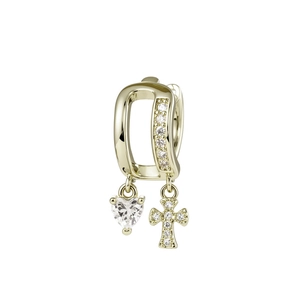Golden heart and cross charms hoop earrings with sparkling stones on U-shaped design