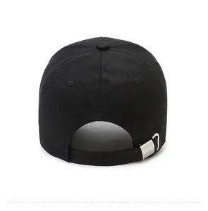 Detail view of the back of a black cotton baseball cap with adjustable metal buckle strap