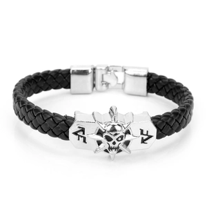 Retro woven leather bracelet with silver skull head and runic metal buckle accents