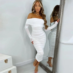 Detail of white off-shoulder dress with elegant mesh pleats and long sleeve texture
