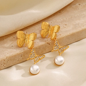 Butterfly Drop Earrings Stainless Steel 18K Gold Plated Zircon White Artificial Pearl Dangle Fashion Jewelry For Women