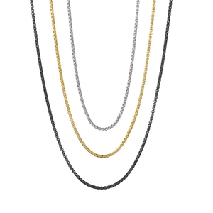 Three-color stainless steel rounded box chain necklace in silver, gold and black finish