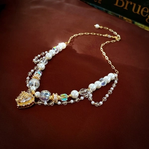 French style pearl and crystal heart pendant necklace with gold chain for women