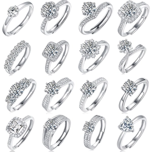 Set of 16 classic moissanite silver rings with six-prong settings and adjustable bands