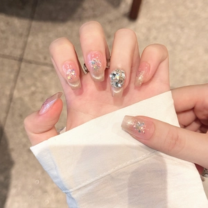 Handgefertigte Katzenauge Nägel Zum Aufdrücken Farbverlauf Nudepink Kunststoff Künstlicher Strass Dekorative Falsche Nägel