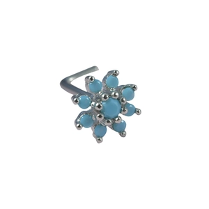 L-shaped flower nose stud with turquoise stones and silver-plated copper finish