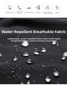 Detail of waterproof breathable fabric showing water beads on black outdoor jacket
