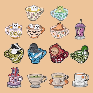 Set of 15 cute cartoon animal tea cup enamel pins for backpacks and clothing accessories