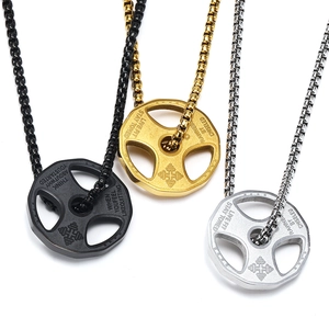 Close-up of barbell weight plate necklaces in black, gold, and silver stainless steel