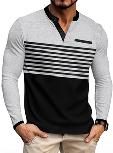 Close-up of the grey and black striped Henley shirt featuring a buttoned V-neck collar