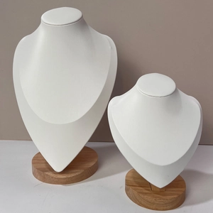 Two sizes of white neck bust necklace displays with natural wood bases in high-quality finish