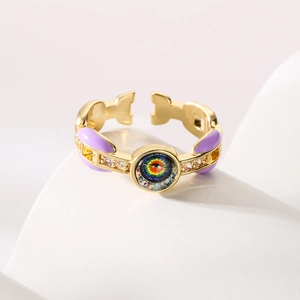 Adjustable 18K gold plated ring with purple enamel and colorful zircon eye center