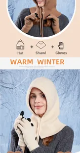 Winter knitted balaclava hooded shawl and touchscreen gloves set in camel beige