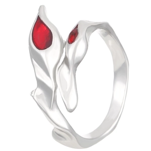 Detail view of gothic punk silver adjustable ring with pear-shaped red gemstones