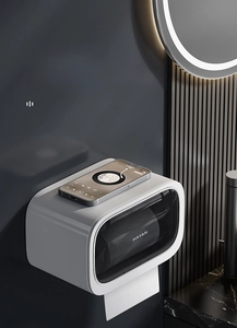 Macro detail of waterproof wall-mounted tissue box with flat top storage shelf