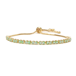 Adjustable gold evil eye bracelet featuring green enamel charms and a secure slide clasp