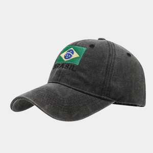 Close-up of Brazil flag and BRASIL letter embroidery on washed grey baseball cap