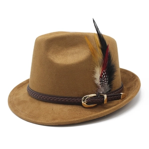 Classic camel faux suede fedora hat with braided brown band and feather accent