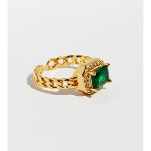 French vintage emerald square zircon ring with gold chain band and adjustable open design