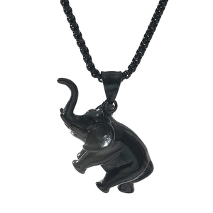 Hip hop style black metal standing elephant pendant necklace with a sleek bead chain