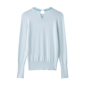 Light blue knit sweater featuring beaded crystal collar and teardrop back cutout design