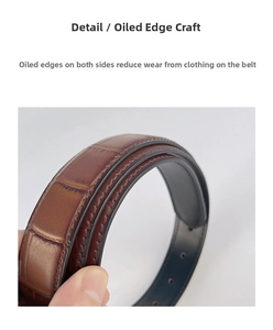 Close-up of brown crocodile pattern leather belt showing the smooth edge oil finishing