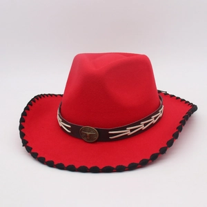 Red western jazz hat with leather band, bull head buckle and black wave stitching