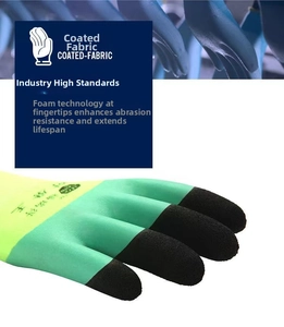 Close-up of latex-coated work gloves showing durable textured foam fingertips for extra grip