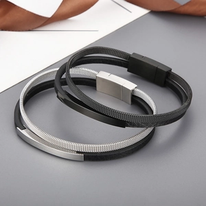 Black and silver braided leather bracelets with stainless steel magnetic clasps