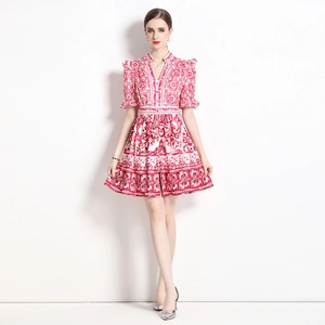 Vintage V-neck short sleeve dress with red and white porcelain print and flared hem