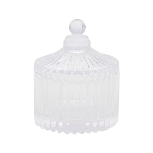 European ribbed clear glass storage jar with lid for candy or jewelry organization