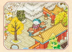 Close-up of city stickers featuring traditional Chinese architecture and animals