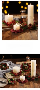 Close-up of Christmas candle rings with red berries and pine needles on wood